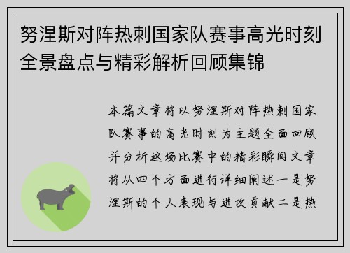 努涅斯对阵热刺国家队赛事高光时刻全景盘点与精彩解析回顾集锦